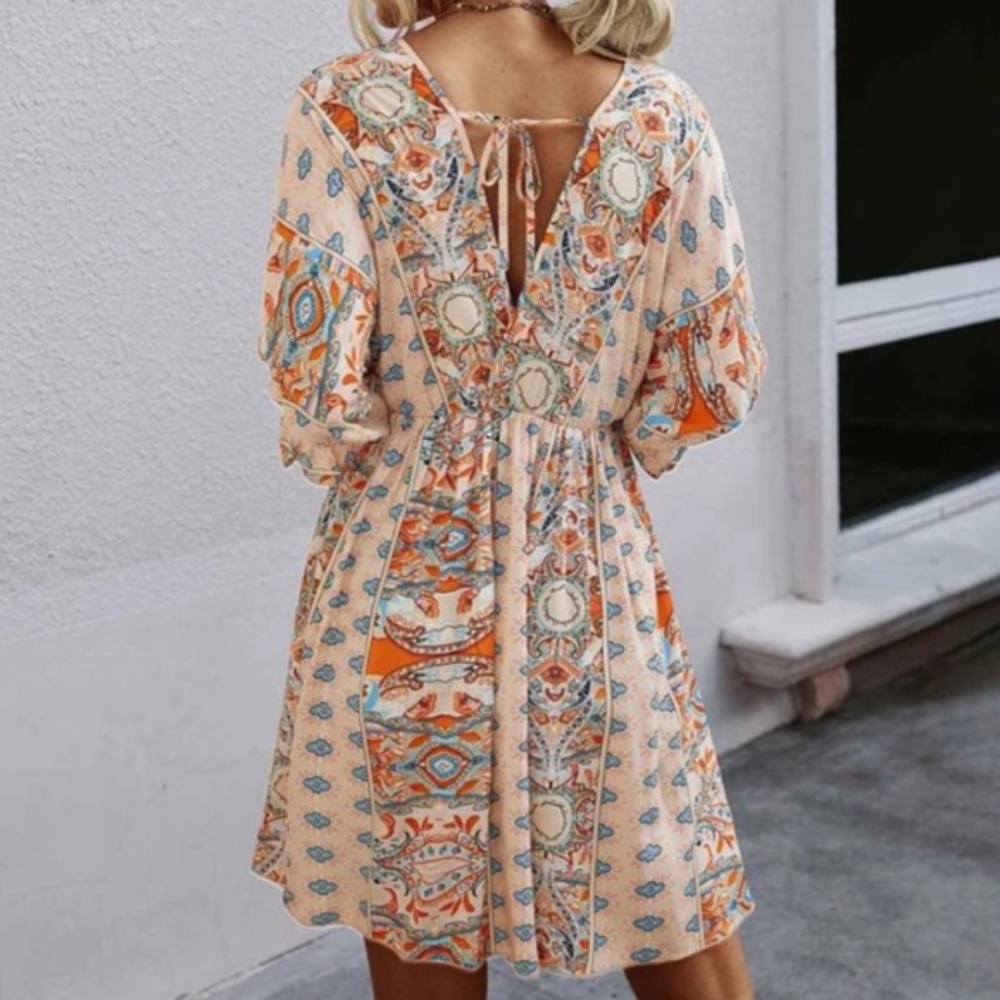 SOLD OUT Multi Color Bohemian Printed Tie Back Faux Wrap Casual Boho Summer - Picture 2 of 2